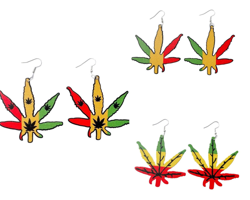 3 Pieces Marijuana leaf earrings-Rasta earrings- rasta woodenearrings- weed leaf earring-Jamaican earrings- marihuana leaf earrings- Rastafari earrigs- African earrings- multicolor wood dangle earrings