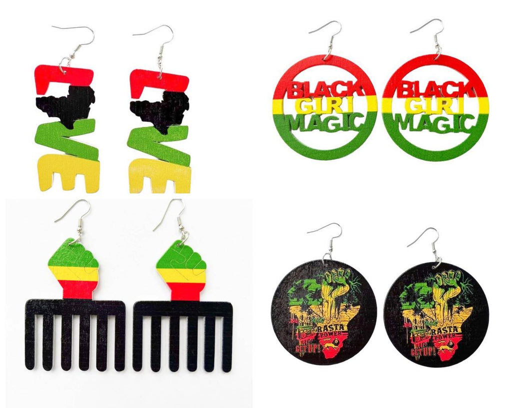 4 Pieces Women’s African Jewelry Multicolor Jamaican rasta earrings wood dangle earrings