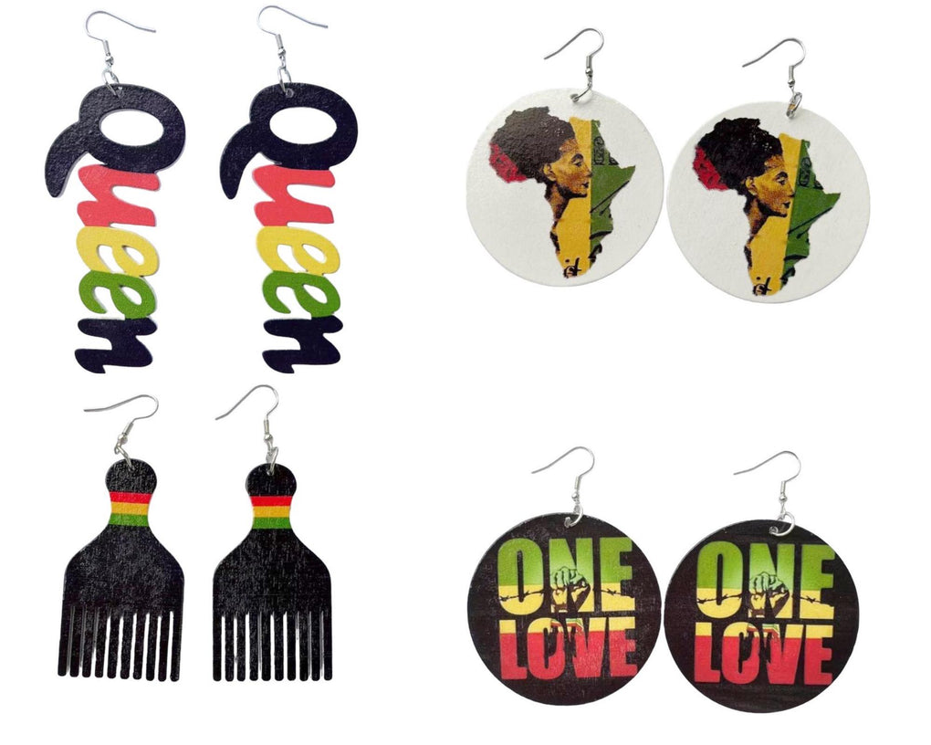 4 Pieces Women’s African Jewelry Multicolor Jamaican rasta earrings wood dangle earrings