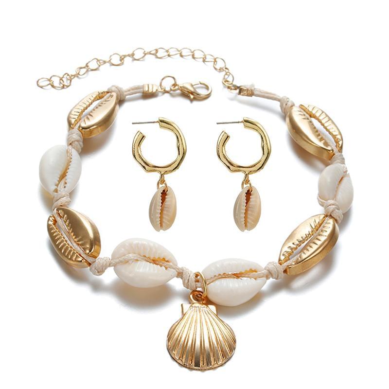 Sea Shell Women EArrings+ANklet set Gold Color - AFRICAN SOUGOU